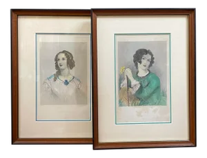 1870s Hand Colored Engravings of Female Heroines of Shakespeare - a Pair