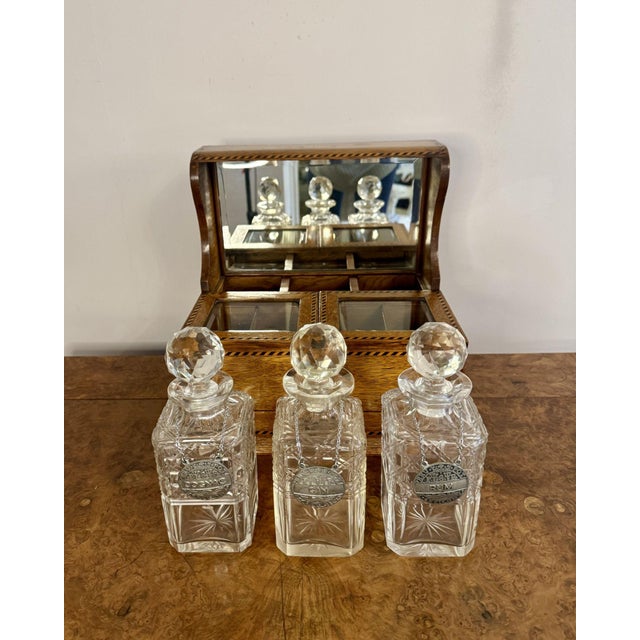 Brown Antique Victorian Oak Marquetry Strung Tantalus, 1880, Set of 6 For Sale - Image 8 of 9