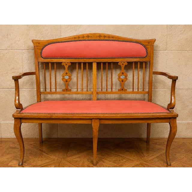 Art Nouveau Bench in Marquetry Fruitwood, 1890s For Sale - Image 6 of 6