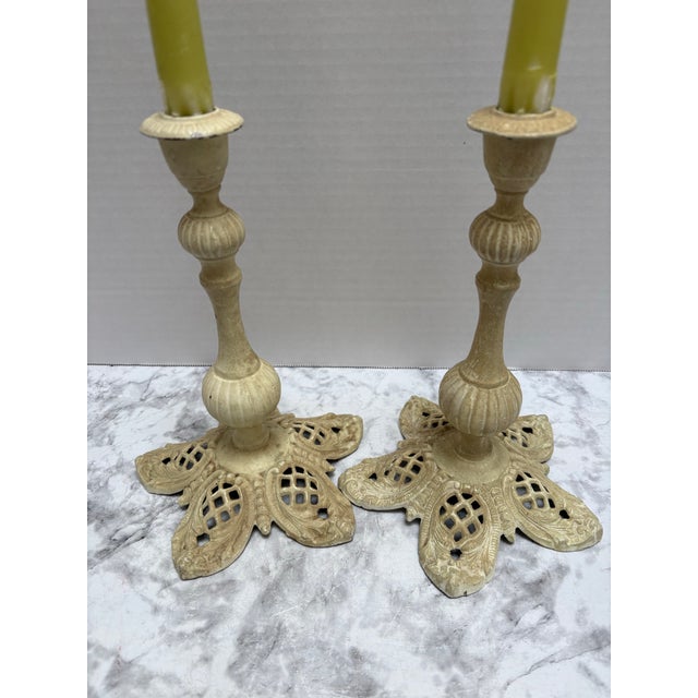 Metal Vintage Creamy Toned Iron Candleholders - A Pair For Sale - Image 7 of 7