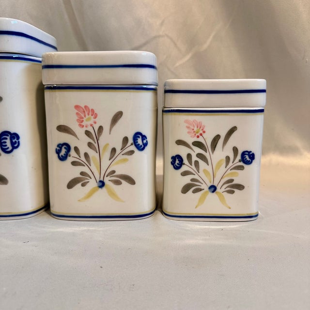 Vintage Portuguese Kitchen Canister Set Heavy Porcelain Handpainted Floral Motif - Set of 4 For Sale - Image 4 of 7