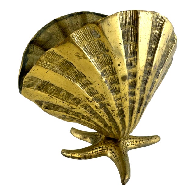 Vintage Brass Clamshell Dish on Starfish Base – Coastal Hollywood Regency Decor For Sale