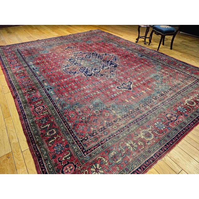 Turkish Vintage Turkish Heriz Rug, Hand-Knotted Wool, Geometric Medallion Design, Red & Green, 12x14 For Sale - Image 3 of 16