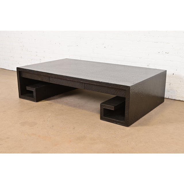 Modern Thomas Pheasant for Baker Furniture Greek Key Black Lacquered Coffee Table For Sale - Image 3 of 11