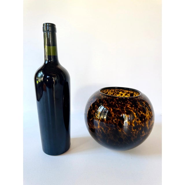 Large Tortoiseshell Art Glass Bowl Sphere Vase Amber Brown Hand Blown Decor For Sale - Image 9 of 9