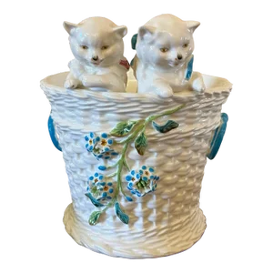 Antique 19th Century English Porcelain Cachepot Jardiniere With Basketweave Design and Two Cats Peeking Out by Thomas Goode London