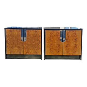Vintage Milo Baughman Style Burl and Black Nightstands or End Tables in Modern Design