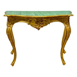 French Louis XV Style Carved Giltwood & Faux Malachite Italian Console Table For Sale