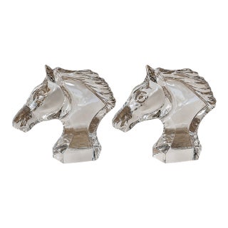 Pair of Vintage Baccarat Crystal Horse Head Paperweights/Sculptures, Signed France For Sale