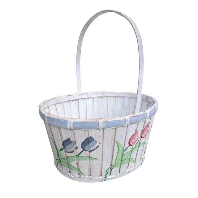 White Vintage Hand Painted Tulip Easter Basket With Handle For Sale - Image 8 of 14