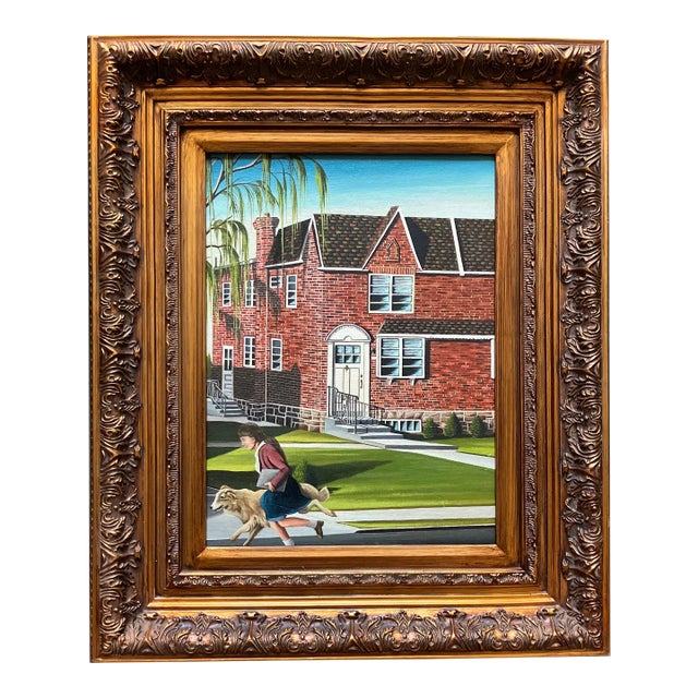 1950’s Vintage Illustrative Girl Running With Dog Painting in Chunky Gold Frame For Sale