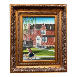 1950’s Vintage Illustrative Girl Running With Dog Painting in Chunky Gold Frame