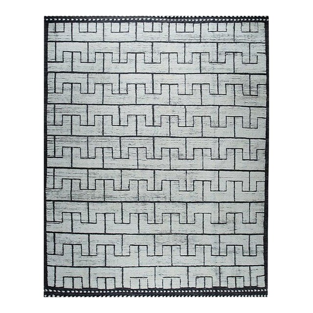 8x10 Ivory Hand-Knotted Wool Stepped Meander Motif Tribal Modern Carpet Rug For Sale