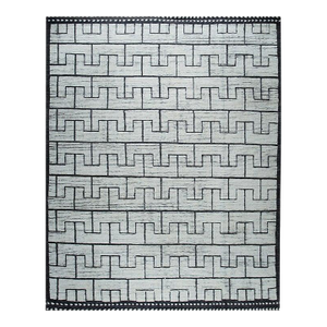 8x10 Ivory Hand-Knotted Wool Stepped Meander Motif Tribal Modern Carpet Rug