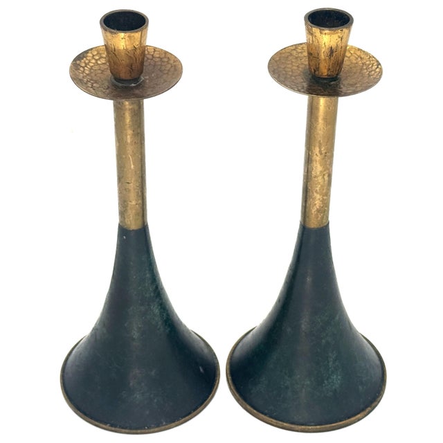 Metal Pair of Italian Modern Gilt and Patinated Brass Conical Candlesticks, C. 1970s For Sale - Image 7 of 8