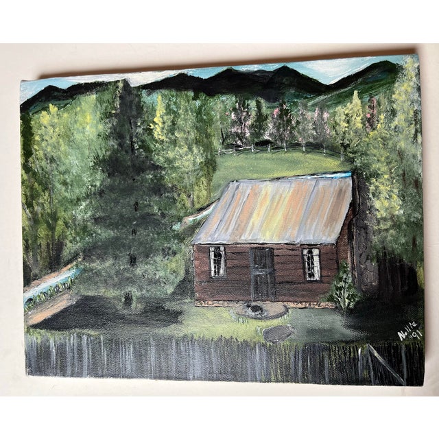A very nice small 1991 oil on canvas painting by Nellie Medford of Her grandmother’s cabin on Hyder Mountain Road in North...