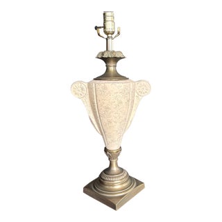 Vintage Neoclassical Faux Marble Ceramic & Brass Urn Table Lamp For Sale
