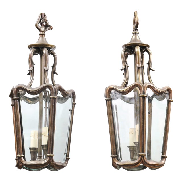 1940s Patinated Bronze Lanterns With Beveled Glass, France - a Pair For Sale