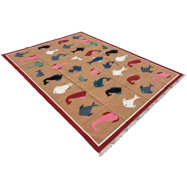 Handmade Cotton Vegetable Dyed Flat Weave Area Rug, Tan, Red Fish Patterned Dhurrie - 9'x12' For Sale - Image 10 of 16