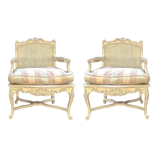 French Louis XV Style Carved Shell & Painted Caned Bergere Chairs -Pair For Sale