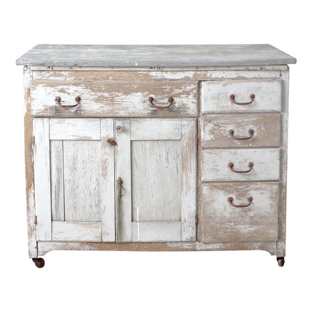 Antique Farmhouse Kitchen Work Table With Galvanized Top For Sale