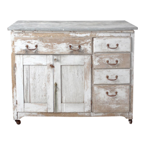 Antique Farmhouse Kitchen Work Table With Galvanized Top