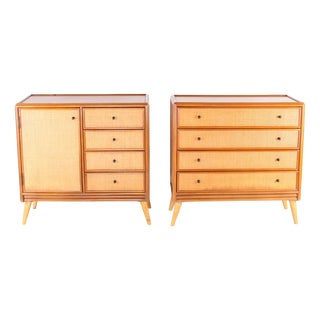 Raffia and Wood Chests of Drawers, 1970s, Set of 2 For Sale
