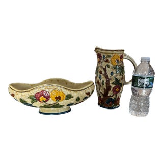 Vintage 1960s Staffordshire Indian Tree Design Majolica Pottery Pitcher Bowl Signed H J Wood MCM For Sale