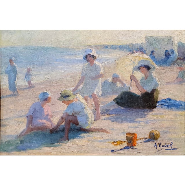 French Jean Aristide Rudel- Mothers & Young Daughters at the Beach W/Parasol -1920s Oil Painting For Sale - Image 3 of 11