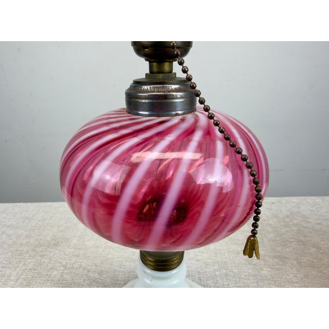 Antique Fenton / L G Wright Style Cranberry & Milk Glass Converted Oil Lamp For Sale - Image 9 of 10