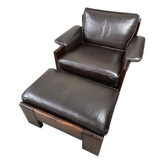 Set of Lounge Chair and Ottoman in Brown Leather and Oak by Harry de Groot for Leolux, 1970s For Sale