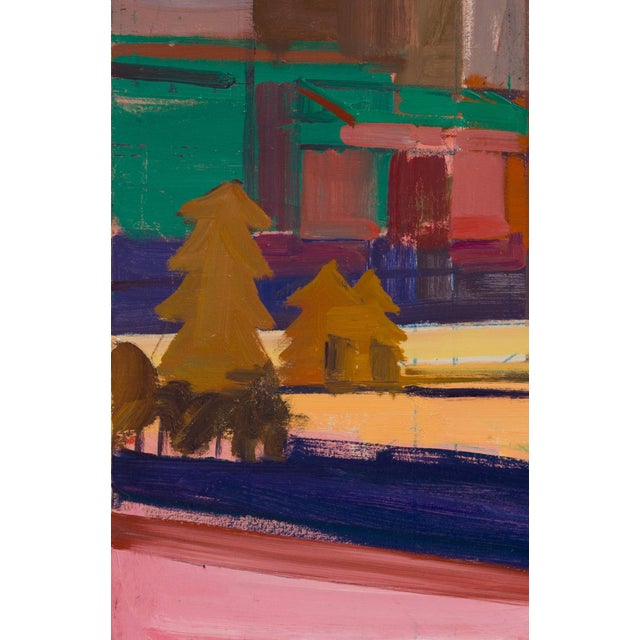 Christmas Decoration by Hiroshi Sato | Oil on Canvas Abstract scene with buildings and trees. For Sale - Image 4 of 5