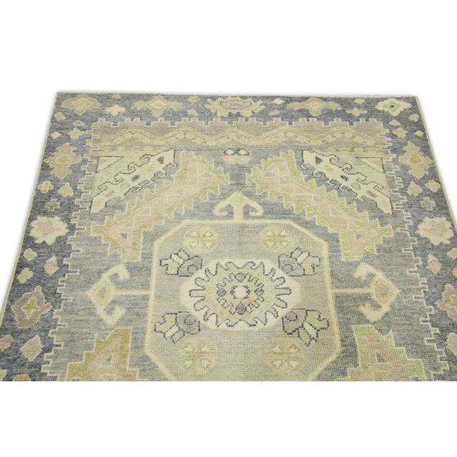 Early 21st Century Green & Gray Geometric Design Handwoven Wool Turkish Oushak Rug 4'9" X 6'1" For Sale - Image 4 of 7