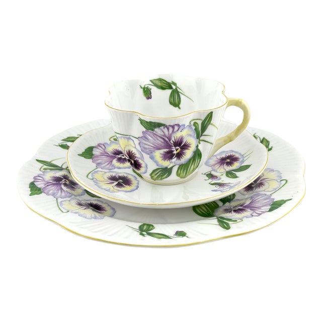 Shelley Pansy Trio Dainty Shape, Vintage English Bone China 3 Piece Tea Set For Sale