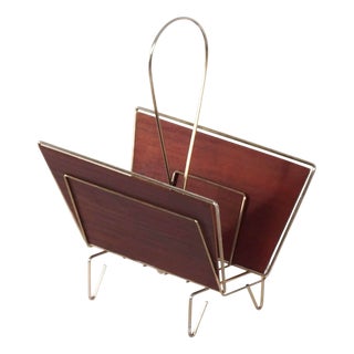 Mid-Century Magazine Holder in Brass and Teak, 1950s For Sale