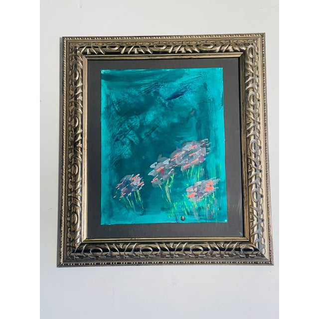 1980s Abstract Florals in Green Grass by Elia in Silver Frame For Sale - Image 4 of 5