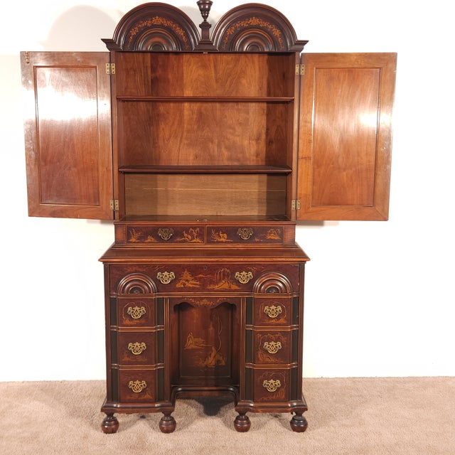 Antique Colby Furniture Chicago Chinoiserie Goddard Style Bureau W/ Bookcase For Sale - Image 18 of 18