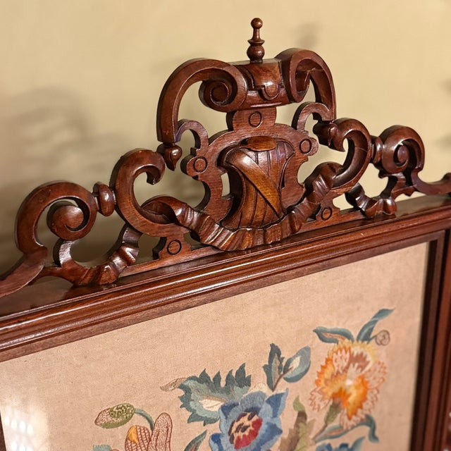 Late 19th Century Victorian Carved Walnut Antique Floral Needlepoint Fire Screen Panel Art For Sale - Image 4 of 7