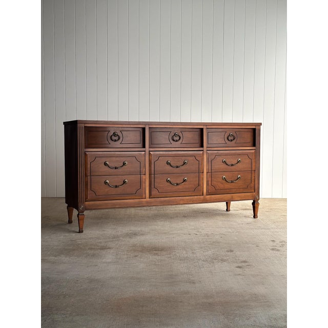 Vintage Ward Walnut Nine-Drawer Triple Dresser With Fluted Details For Sale - Image 16 of 16