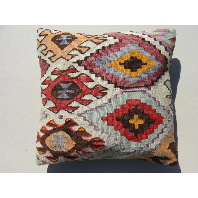 Kilim Rug Pillow Made from old turkish kilims Back side cotton and has closed with a solid hidden zipper size:16" x 16" It...