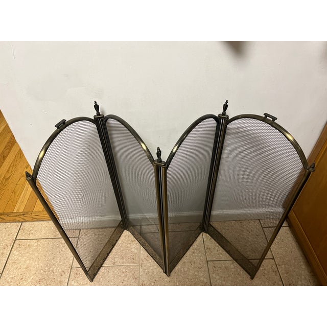 Vintage MCM Four Panel Arch Fireplace Screen Metal Accents For Sale - Image 4 of 8