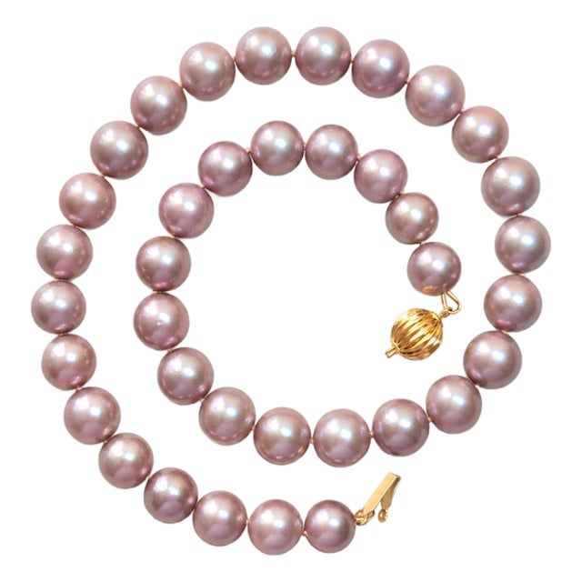 Natural Freshwater Edison Pink Pearl Necklace With 14k Gold Clasp For Sale