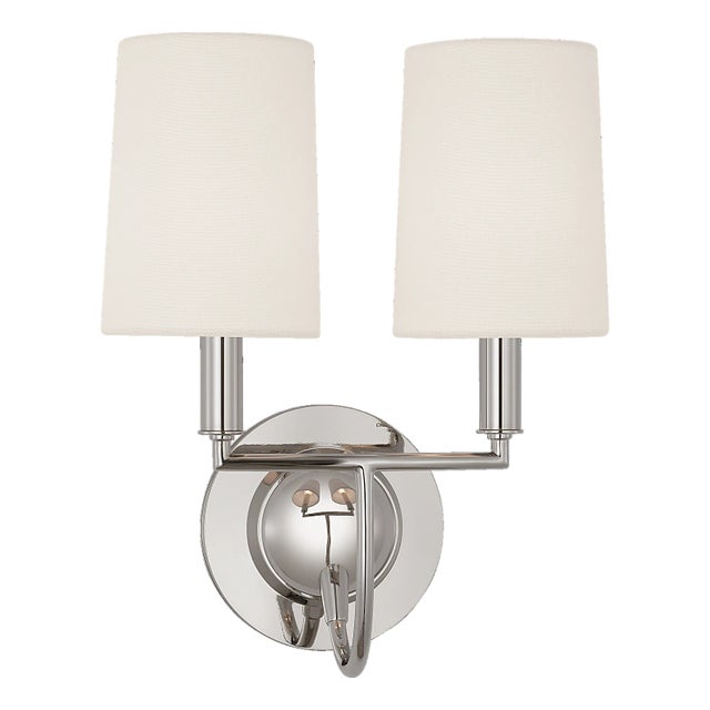 Thomas O'Brien for Visual Comfort Signature Elkins Double Sconce in Polished Nickel with Linen Shades For Sale
