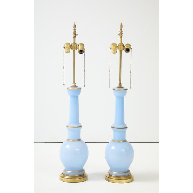 Mid 20th Century Warren Kessler Blue Glass And Brass 1950's Table Lamps - A Pair For Sale - Image 5 of 12