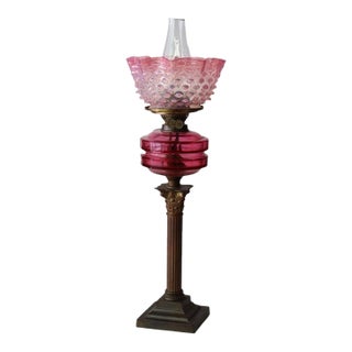 English John Scott Bronze, Cranberry & Opalescent Hobnail Glass Oil Lamp C1890 For Sale