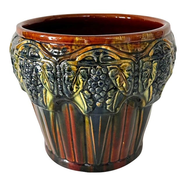 1920s Arts & Crafts Brush McCoy Pottery #224 Blended Grapes Nuglaze Jardinere Vase For Sale