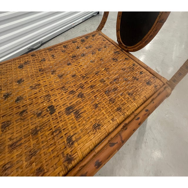 Mid-Century Bohemian Burnt Rattan Daybed Bench With Authentic Hand-Woven Cane Seat For Sale - Image 17 of 18