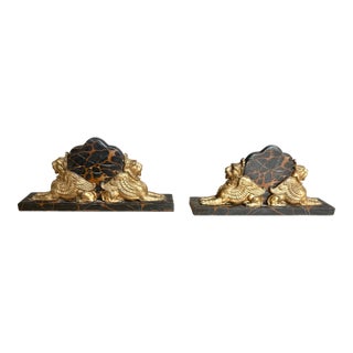 Exceptional Pair of French Art Deco Griffin Bookends on Portoro Marble, Early 20th Century For Sale