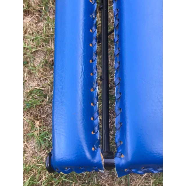 Vintage Counter Stools : Chic Mid-Century Ilana Goor Style Counter Height (For 36” High Island/ Counter) Iron Stools - A Pair -in Blue Faux Leather For Sale - Image 11 of 12