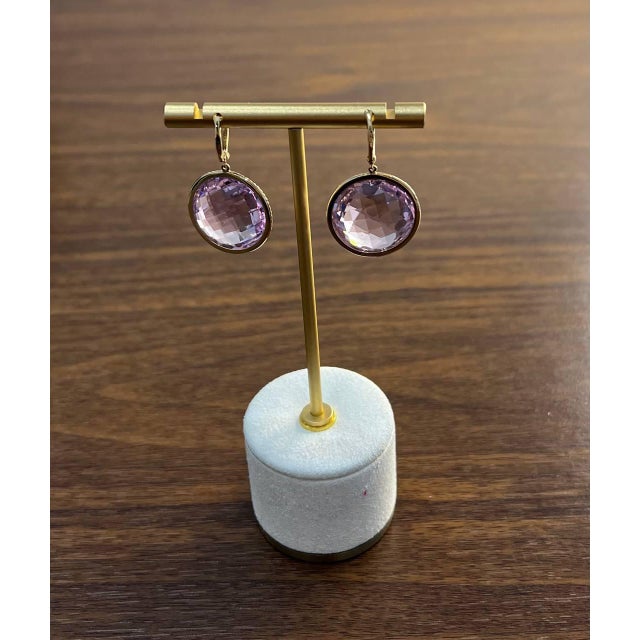 Metal Violet Pink Amethyst Diamonds Halo Set 14k Yellow Gold Drop Unique Earrings, A Pair For Sale - Image 7 of 13